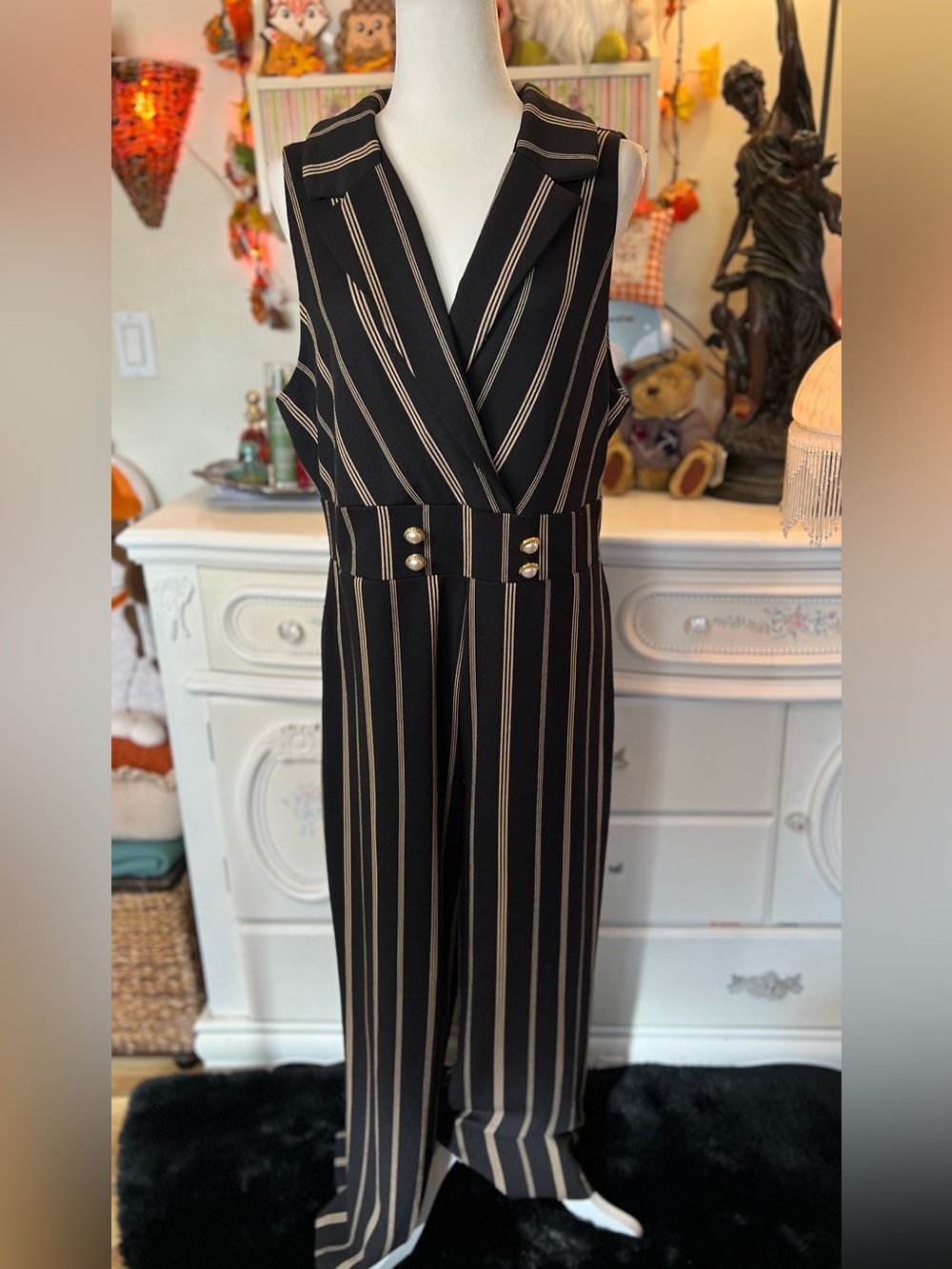 No Boundaries Black and Beige Striped Sleeveless Jumpsuit